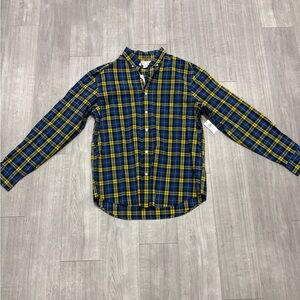 Old Navy Mens M Regular Fit Flex Button Up Long Sleeve Plaid Shirt Blue Yellow